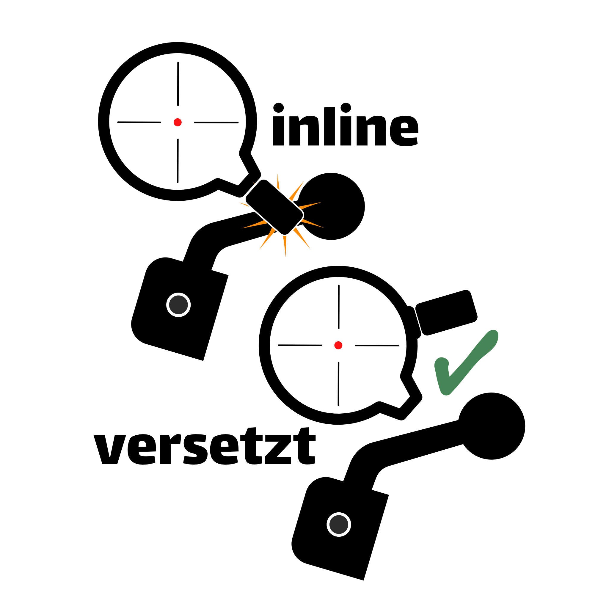 Schematische Darstellung der zwei Ausführungen von Schnellverstellhebeln für Zielfernrohre inline und versetzt. Bei einigen Zieloptik-Büchse-Kombinationen kann ein inline Schnellverstellhebel ggf. beim Repetieren dem Kammerstengel im Weg sein. Abhilfe schafft hier eine versetzte Ausführung.